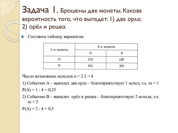 Задача 1. Брошены две монеты. Какова вероятность того, что выпадет: 1) два орла;