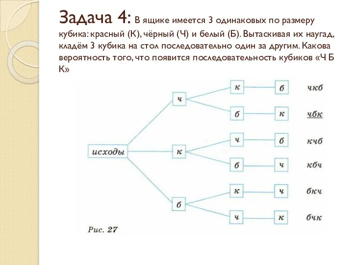 Задача 4: В ящике имеется 3 одинаковых по размеру кубика: красный (К), чёрный