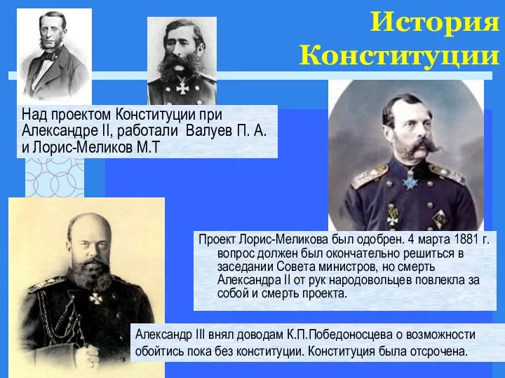 История Конституции Проект Лорис-Меликова был одобрен. 4 марта 1881 г.