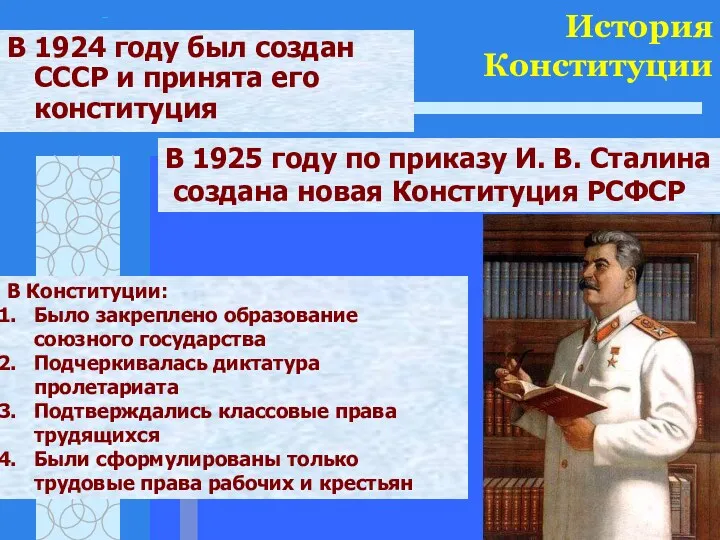 История Конституции В 1924 году был создан СССР и принята