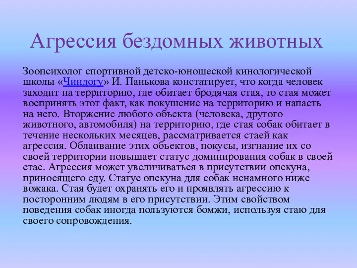 Агрессия бездомных животных Зоопсихолог спортивной детско-юношеской кинологической школы «Чиндогу» И.