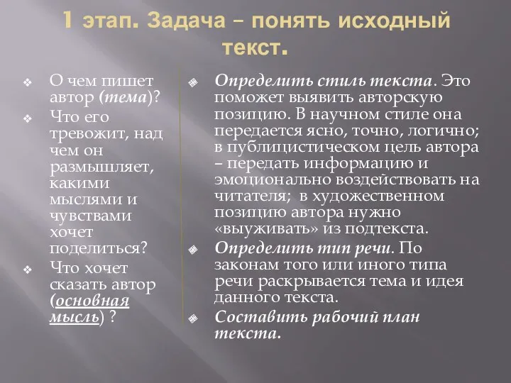 1 этап. Задача – понять исходный текст. О чем пишет