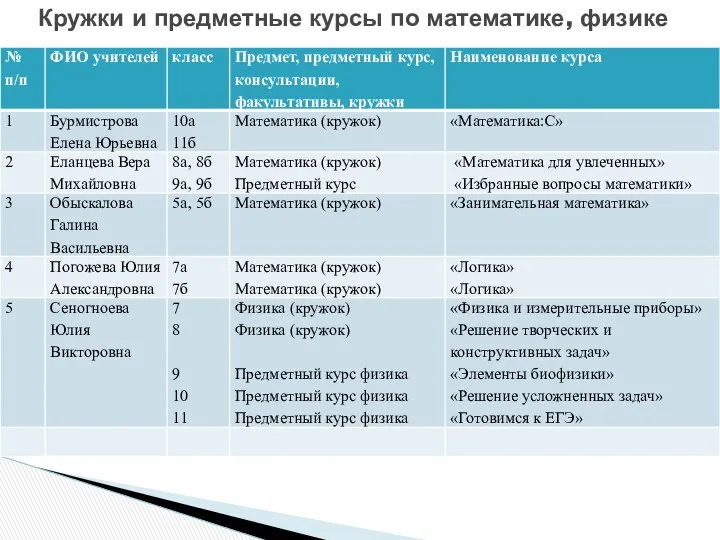 Кружки и предметные курсы по математике, физике