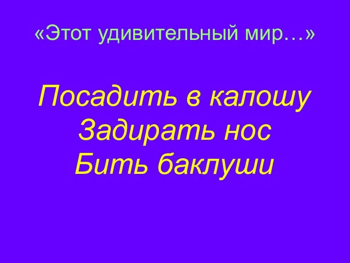 Посадить в калошу Задирать нос Бить баклуши «Этот удивительный мир…»