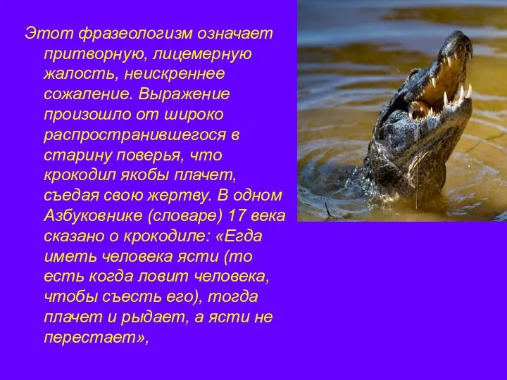 Этот фразеологизм означает притворную, лицемерную жалость, неискреннее сожаление. Выражение произошло