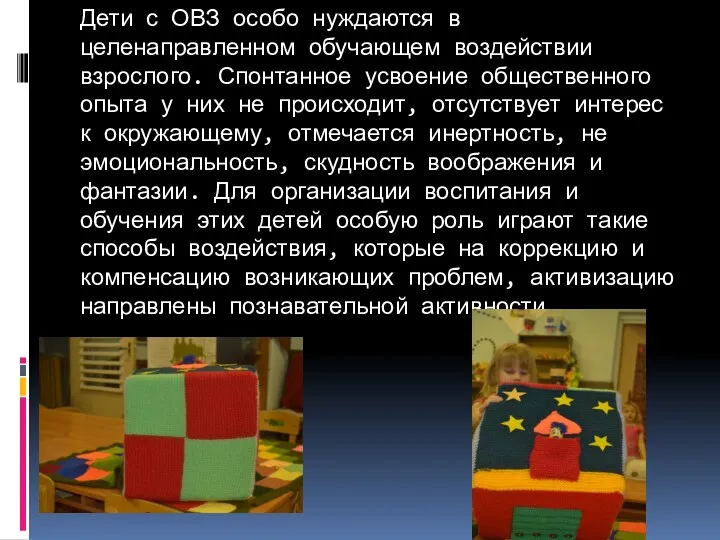 Дети с ОВЗ особо нуждаются в целенаправленном обучающем воздействии взрослого.