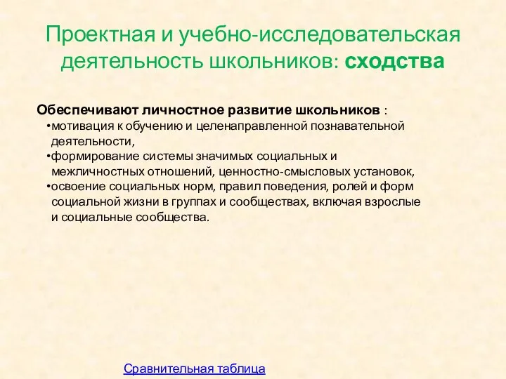 Проектная и учебно-исследовательская деятельность школьников: сходства Обеспечивают личностное развитие школьников