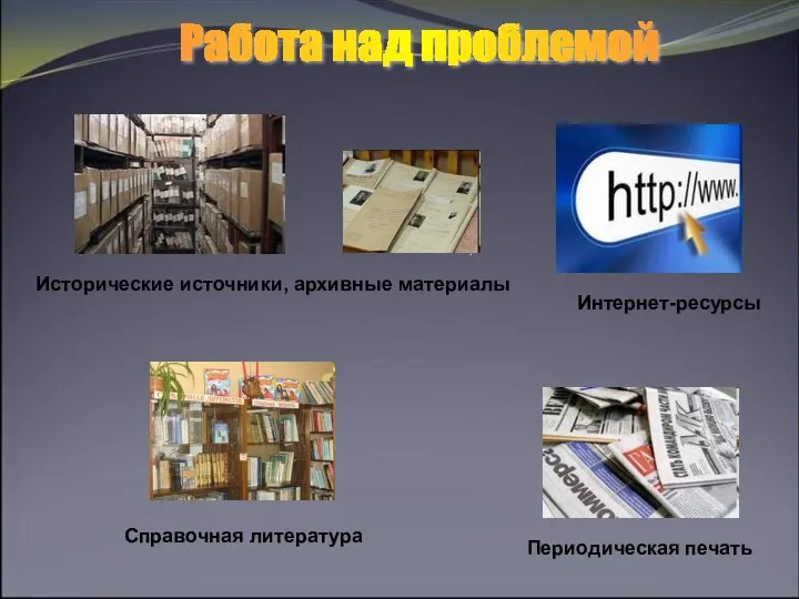 Работа над проблемой Исторические источники, архивные материалы Периодическая печать Справочная литература Интернет-ресурсы