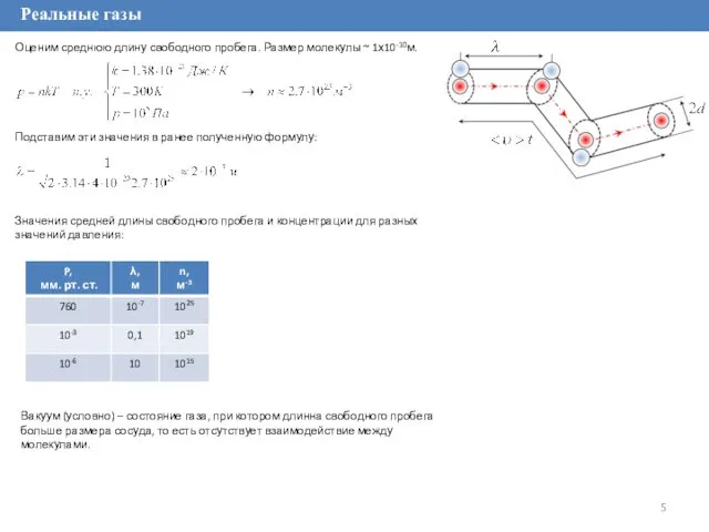 Реальные газы Оценим среднюю длину свободного пробега. Размер молекулы ~
