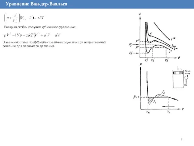 Уравнение Ван-дер-Ваальса газы Раскрыв скобки получим кубическое уравнение: В зависимости