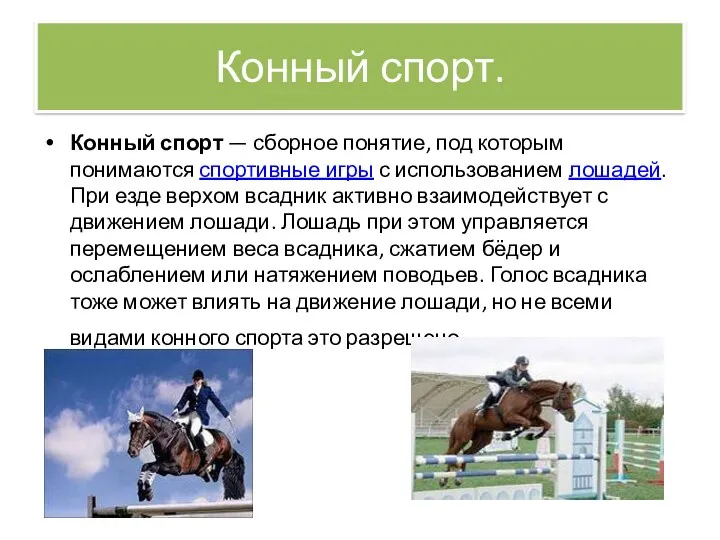 Конный спорт. Конный спорт — сборное понятие, под которым понимаются