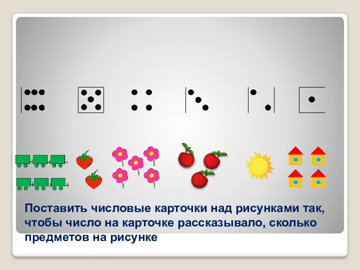 Поставить числовые карточки над рисунками так, чтобы число на карточке рассказывало, сколько предметов на рисунке