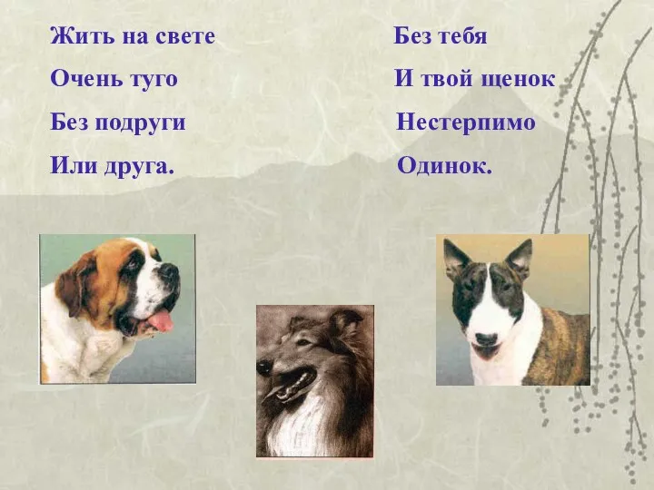 Жить на свете Без тебя Очень туго И твой щенок Без подруги Нестерпимо Или друга. Одинок.