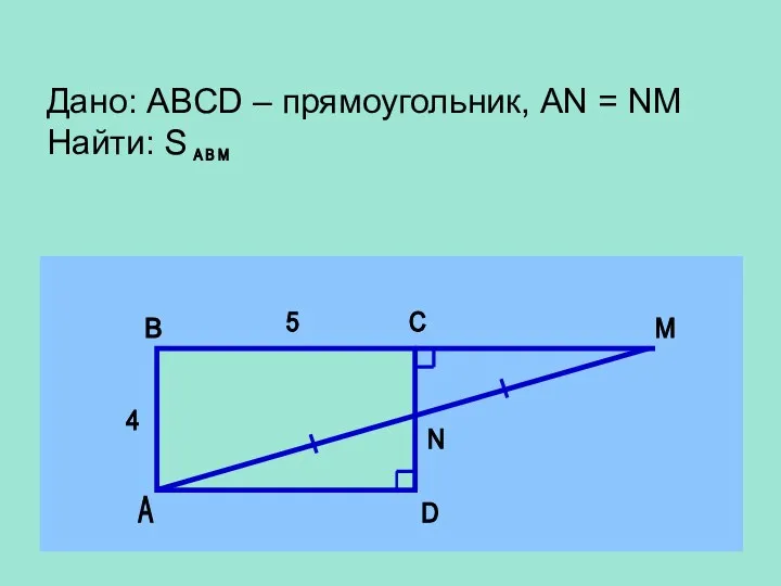 Дано: ABCD – прямоугольник, AN = NM Найти: S А В С D
