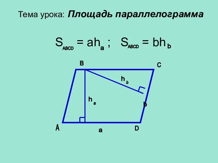 Тема урока: Площадь параллелограмма S = ah ; S = bh A C