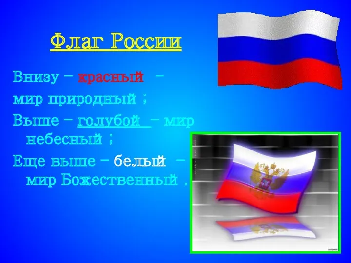 Флаг России Внизу – красный - мир природный; Выше –