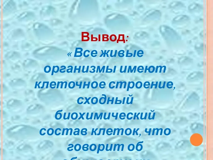 Вывод: « Все живые организмы имеют клеточное строение, сходный биохимический