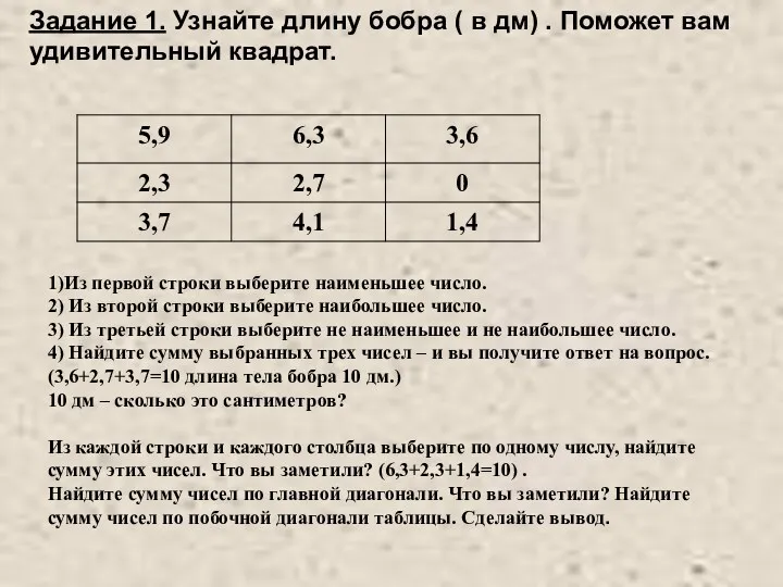 Задание 1. Узнайте длину бобра ( в дм) . Поможет