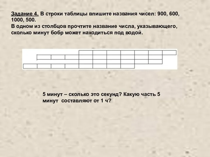 Задание 4. В строки таблицы впишите названия чисел: 900, 600,