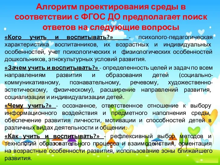 Алгоритм проектирования среды в соответствии с ФГОС ДО предполагает поиск ответов на следующие