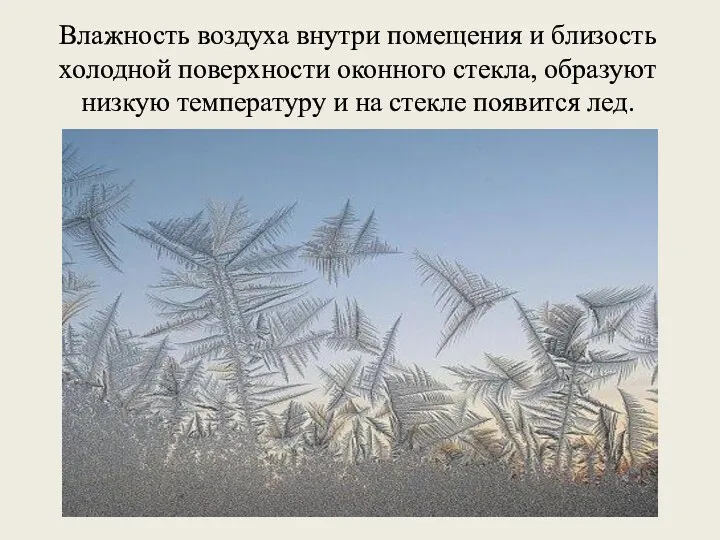 Влажность воздуха внутри помещения и близость холодной поверхности оконного стекла,