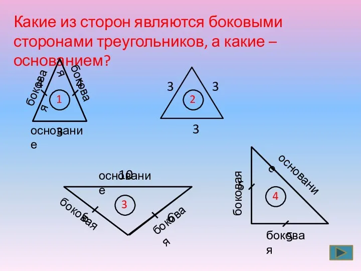 Какие из сторон являются боковыми сторонами треугольников, а какие –