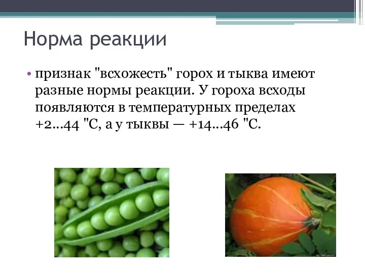 Норма реакции признак "всхожесть" горох и тыква имеют разные нормы