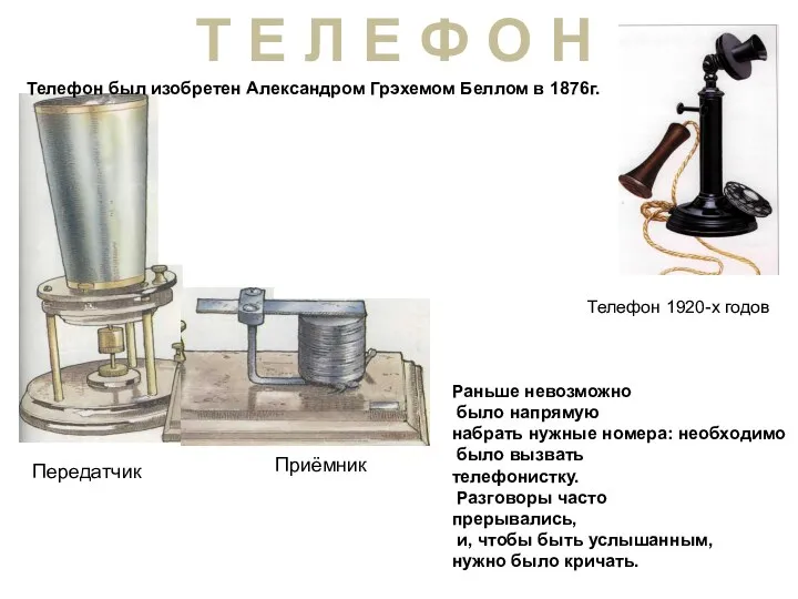 Телефон был изобретен Александром Грэхемом Беллом в 1876г. Раньше невозможно