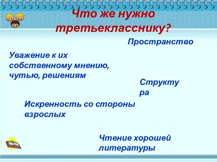 Что же нужно третьекласснику? Пространство Структура Чтение хорошей литературы Уважение