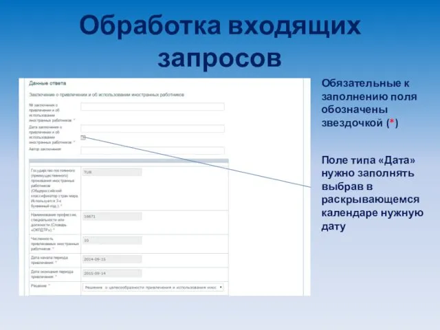 Обработка входящих запросов Обязательные к заполнению поля обозначены звездочкой (*)