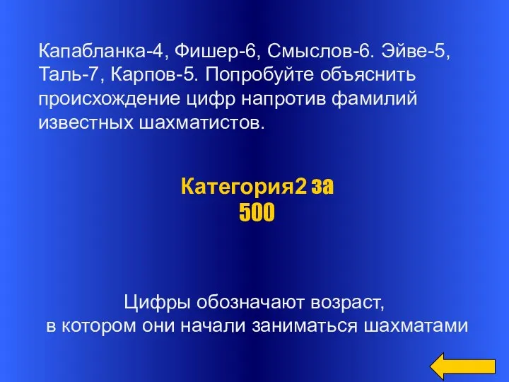 Цифры обозначают возраст, в котором они начали заниматься шахматами Категория2 за 500 Капабланка-4,