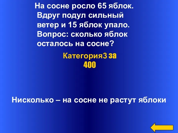 На сосне росло 65 яблок. Вдруг подул сильный ветер и 15 яблок упало.