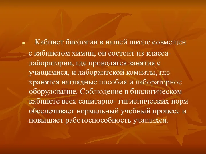 Кабинет биологии в нашей школе совмещен с кабинетом химии, он