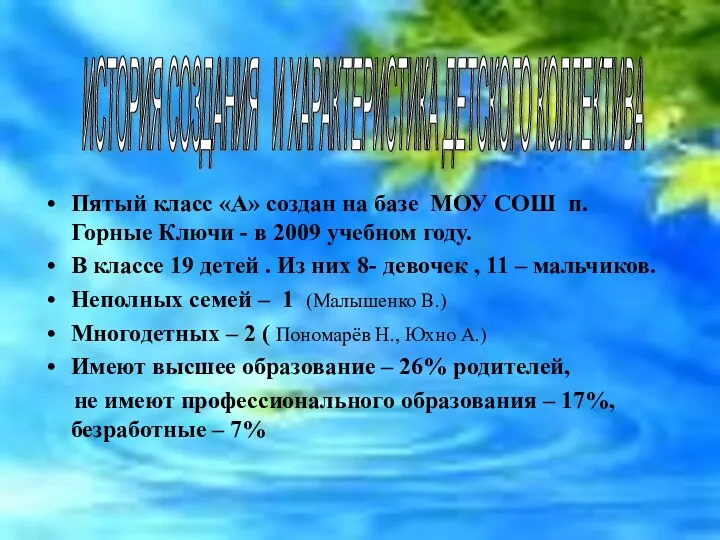 Пятый класс «А» создан на базе МОУ СОШ п. Горные