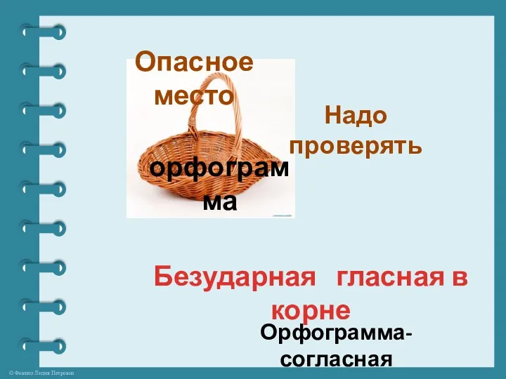 орфограмма Опасное место Надо проверять Безударная гласная в корне Орфограмма-согласная