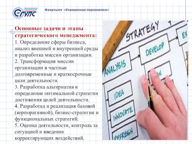 Факультет «Управление персоналом» Основные задачи и этапы стратегического менеджмента: 1. Определение сферы бизнеса,