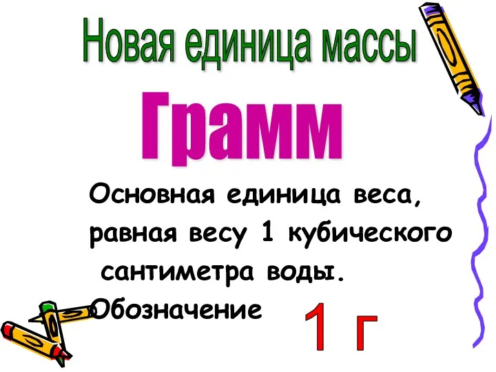 Основная единица веса, равная весу 1 кубического сантиметра воды. Обозначение Новая единица массы Грамм 1 г