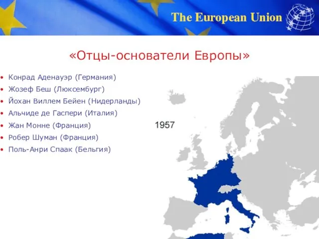 «Отцы-основатели Европы» Конрад Аденауэр (Германия) Жозеф Беш (Люксембург) Йохан Виллем