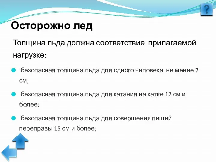 Осторожно лед Толщина льда должна соответствие прилагаемой нагрузке: безопасная толщина