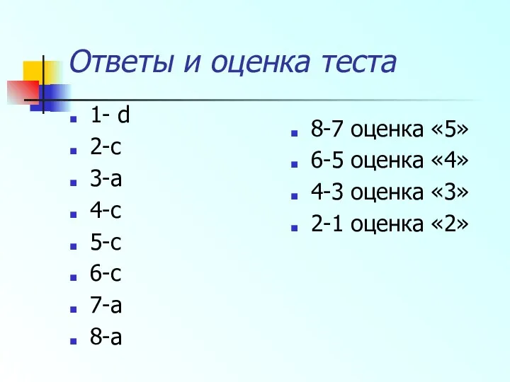 Ответы и оценка теста 1- d 2-c 3-a 4-c 5-c