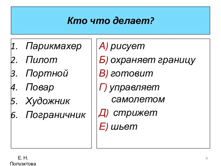 Кто что делает? Парикмахер Пилот Портной Повар Художник Пограничник А)