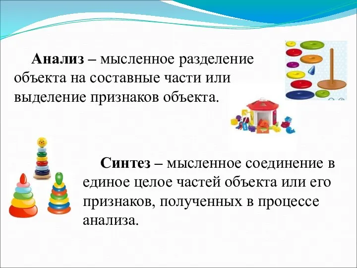 Анализ – мысленное разделение объекта на составные части или выделение признаков объекта. Синтез