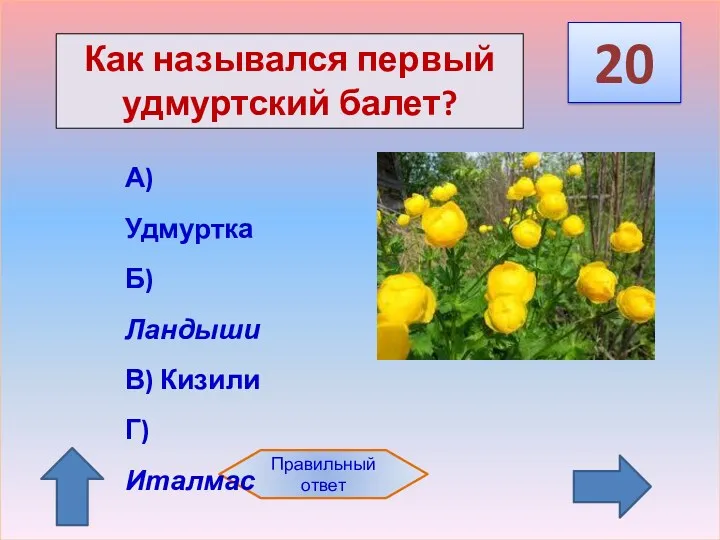 20 Правильный ответ А) Удмуртка Б) Ландыши В) Кизили Г) Италмас Как назывался первый удмуртский балет?