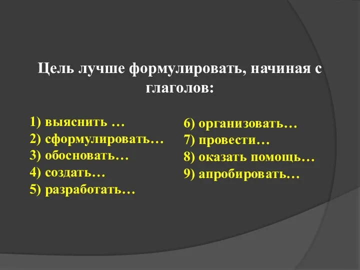 1) выяснить … 2) сформулировать… 3) обосновать… 4) создать… 5) разработать… Цель лучше