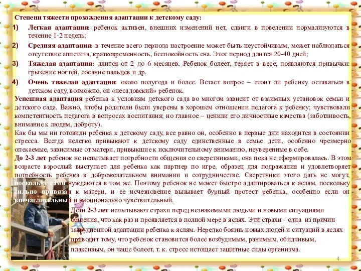 Степени тяжести прохождения адаптации к детскому саду: Легкая адаптация: ребенок