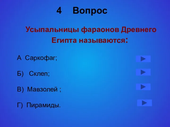 Вопрос Усыпальницы фараонов Древнего Египта называются: А Саркофаг; Б) Склеп; В) Мавзолей ; Г) Пирамиды.