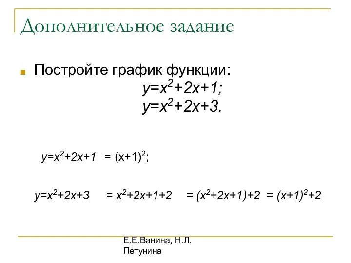 Е.Е.Ванина, Н.Л.Петунина Дополнительное задание Постройте график функции: у=х2+2х+1; у=х2+2х+3. у=х2+2х+1 = (х+1)2; у=х2+2х+3