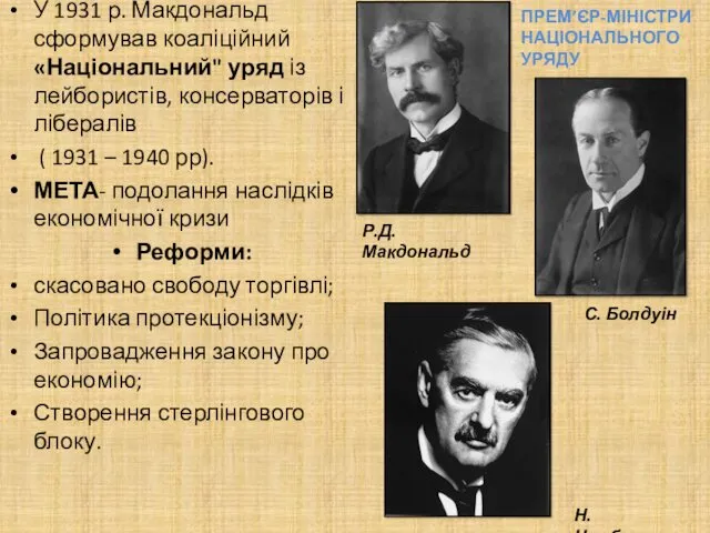 У 1931 р. Макдональд сформував коаліційний «Національний" уряд із лейбористів,