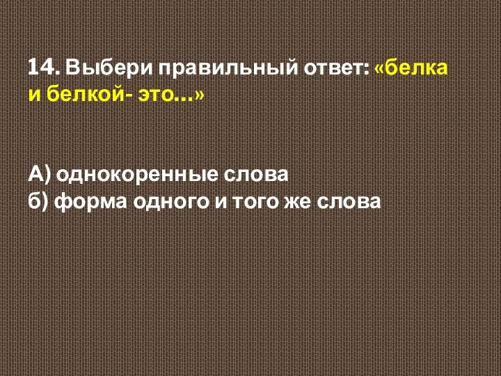 14. Выбери правильный ответ: «белка и белкой- это…» А) однокоренные