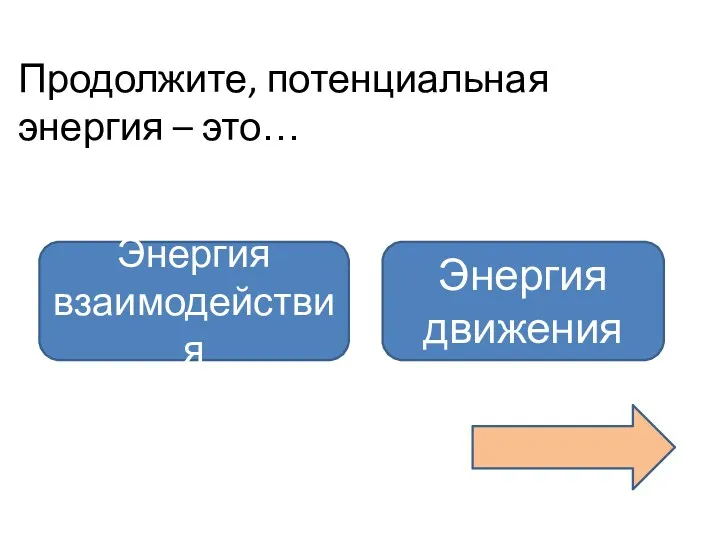 Продолжите, потенциальная энергия – это… Энергия взаимодействия Энергия движения